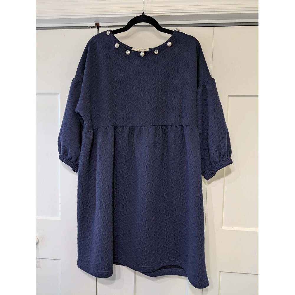 Simply Southern Navy Blue Textured Quilted Embellished Pearl Babydoll Dress